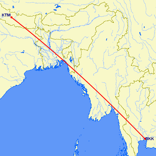 перелет Бангкок — Катманду на карте
