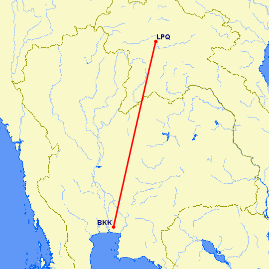 перелет Бангкок — Луанг Прабанг на карте