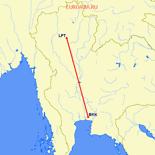 перелет Бангкок — Лампанг на карте