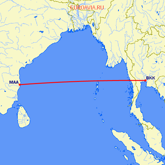 перелет Бангкок — Мадрас Ченнай на карте