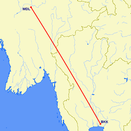 перелет Бангкок — Мандалай на карте