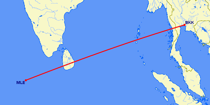перелет Бангкок — Мале на карте