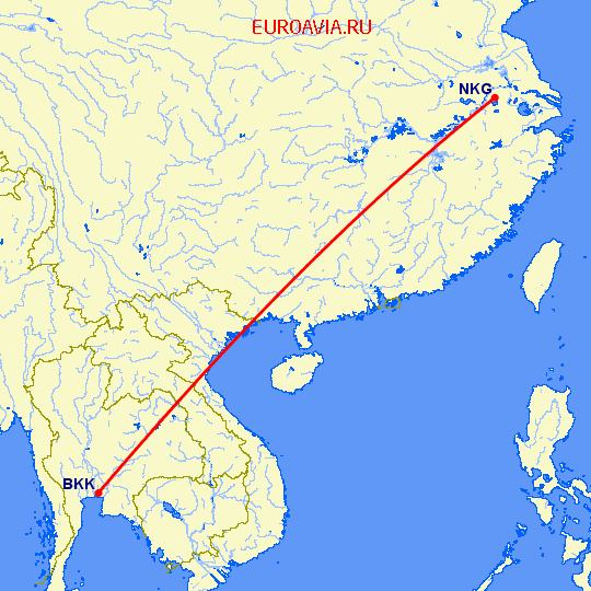перелет Бангкок — Нанкин на карте