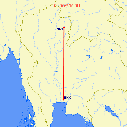 перелет Бангкок — Нан на карте