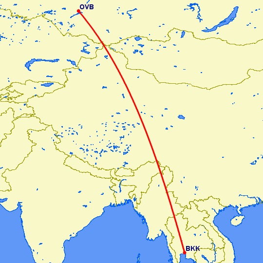 перелет Бангкок — Новосибирск на карте