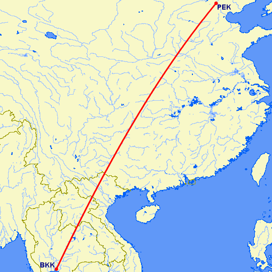 перелет Бангкок — Пекин на карте