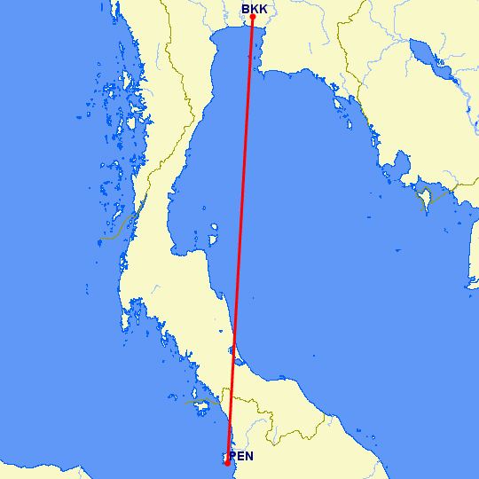 перелет Бангкок — Пенанг на карте