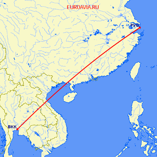 перелет Бангкок — Шанхай на карте