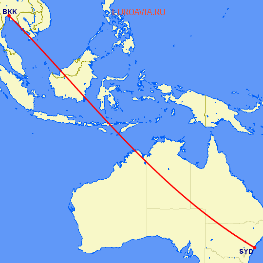 перелет Бангкок — Сидней на карте