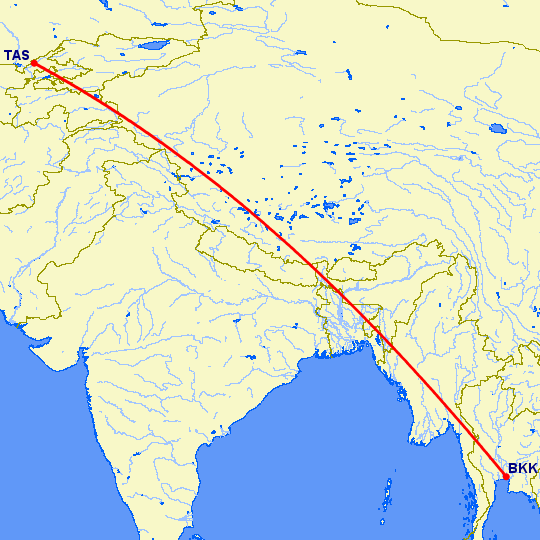 перелет Бангкок — Ташкент на карте
