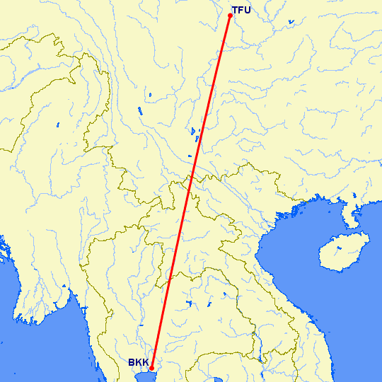 перелет Бангкок — Чэнду Тяньфу на карте