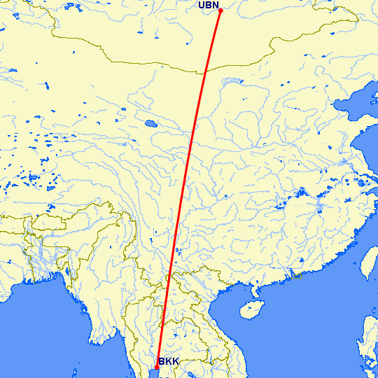 перелет Бангкок — Улан Батор на карте