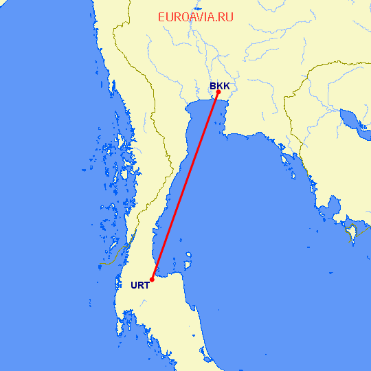 перелет Бангкок — Сурат Тхани на карте