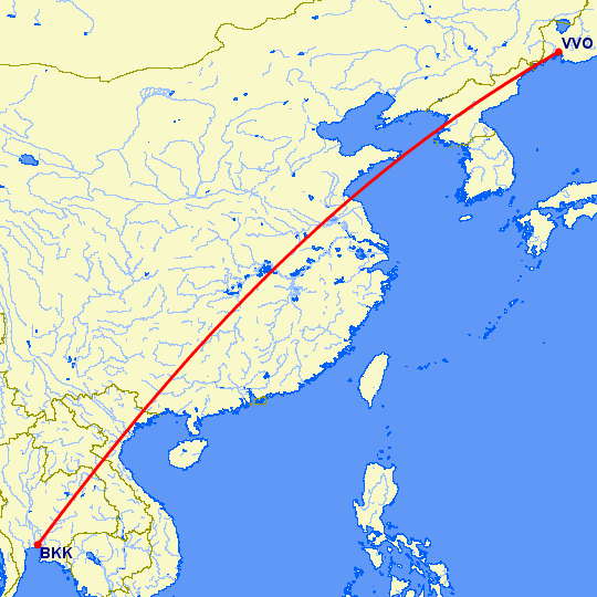 перелет Бангкок — Владивосток на карте
