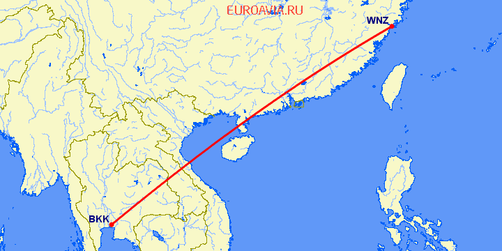 перелет Бангкок — Венчжоу на карте