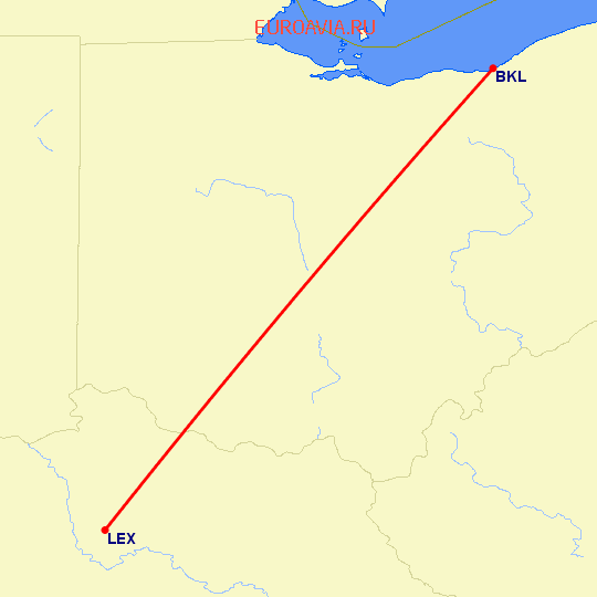 перелет Cleveland — Lexington на карте