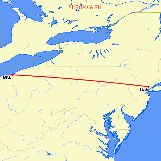 перелет Cleveland — Teterboro на карте
