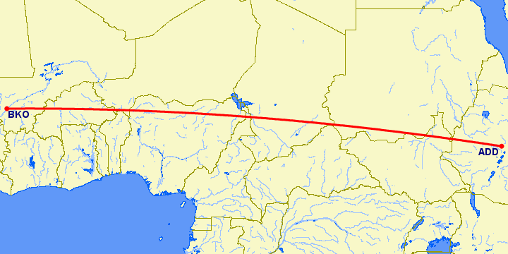 перелет Бамако — Аддис Абеба на карте