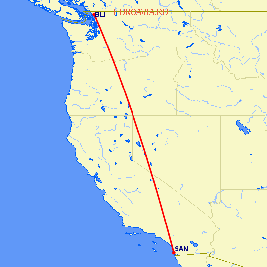перелет Беллингхэм — Сан Диего на карте