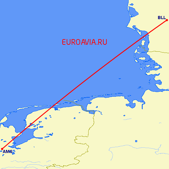 перелет Биллунд — Амстердам на карте