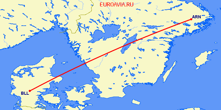 перелет Биллунд — Стокгольм на карте