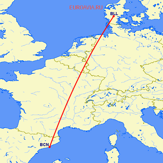 перелет Биллунд — Барселона на карте