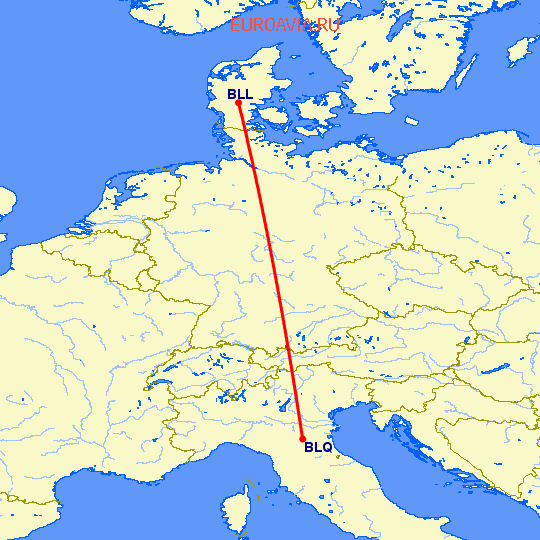 перелет Биллунд — Болонья на карте