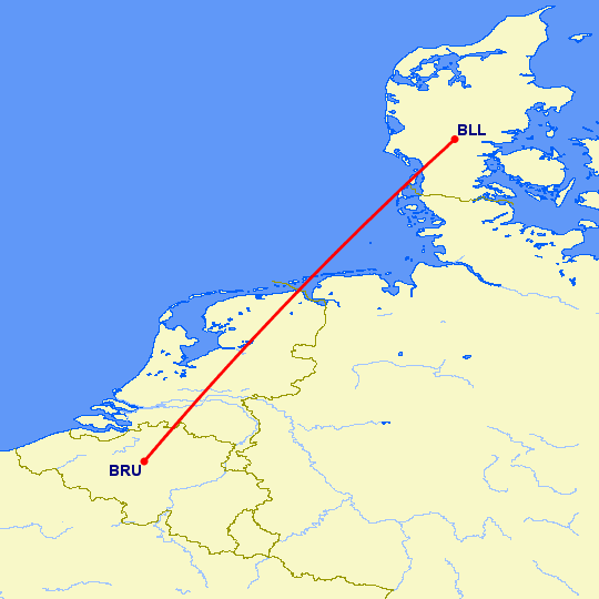 перелет Биллунд — Брюссель на карте