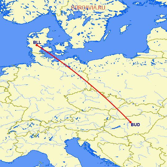 перелет Биллунд — Будапешт на карте