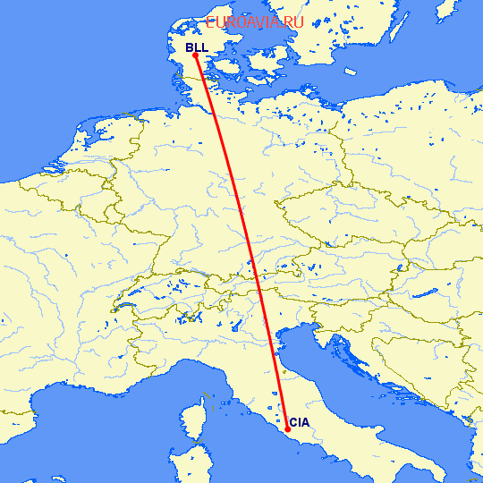 перелет Биллунд — Рим на карте
