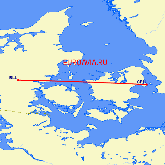 перелет Биллунд — Копенгаген на карте
