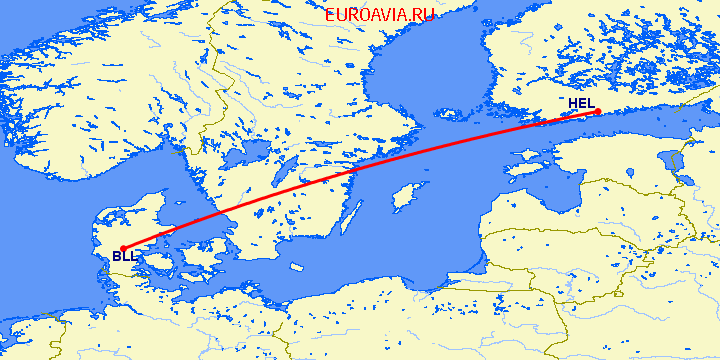 перелет Биллунд — Хельсинки на карте