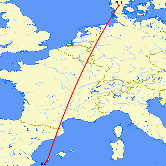 перелет Биллунд — Ибица на карте