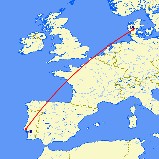 перелет Биллунд — Лиссабон на карте