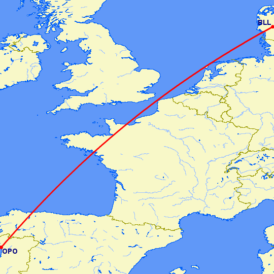 перелет Биллунд — Порту на карте