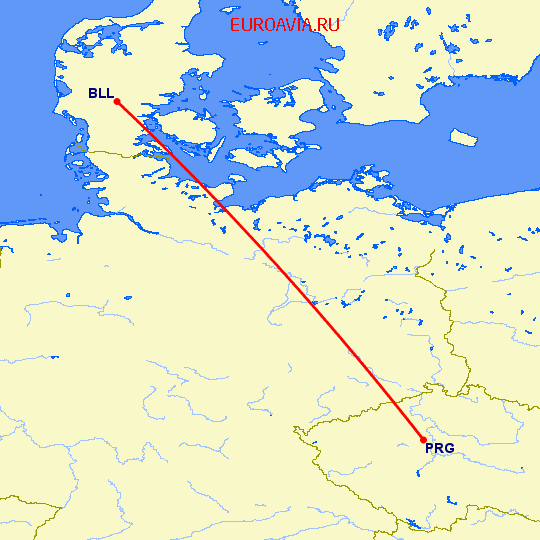 перелет Биллунд — Прага на карте