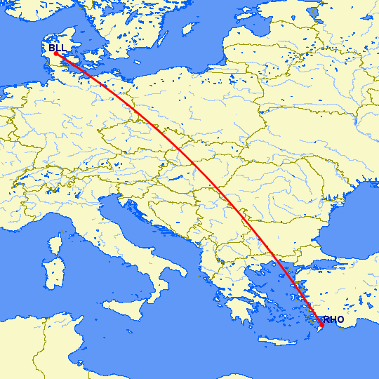 перелет Биллунд — Родос на карте