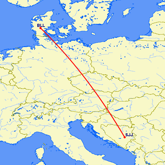 перелет Биллунд — Сараево на карте