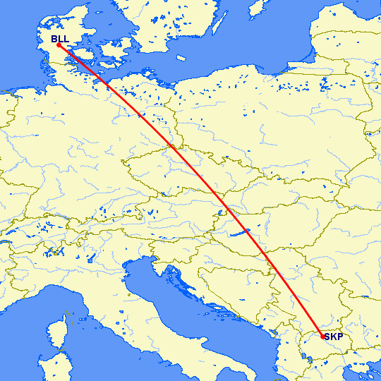 перелет Биллунд — Скопье на карте