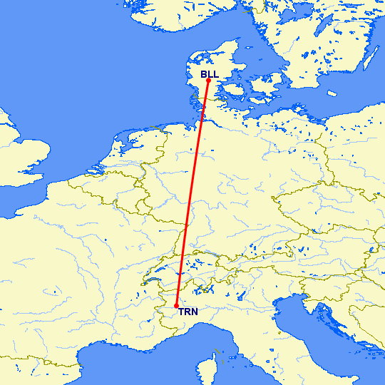 перелет Биллунд — Турин на карте
