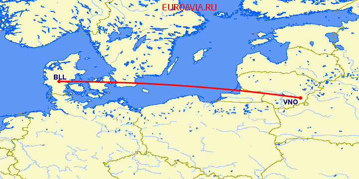 перелет Биллунд — Вильнюс на карте