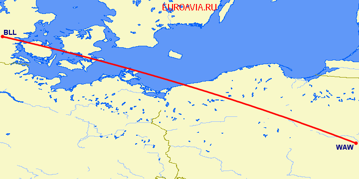 перелет Биллунд — Варшава на карте