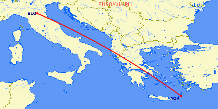 перелет Болонья — Карпатос на карте