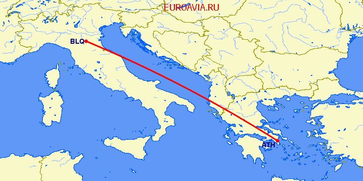 перелет Болонья — Афины на карте