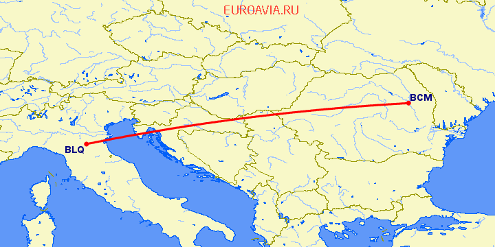 перелет Болонья — Бакэу на карте
