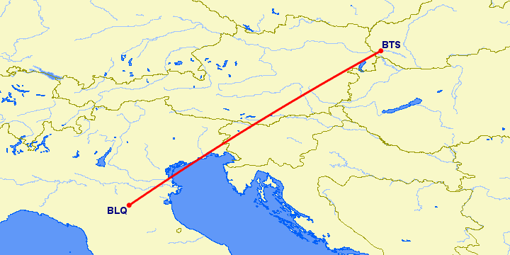 перелет Болонья — Братислава на карте
