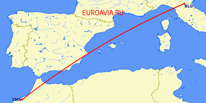 перелет Болонья — Касабланка на карте