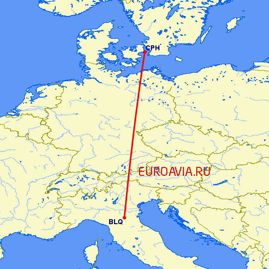 перелет Болонья — Копенгаген на карте