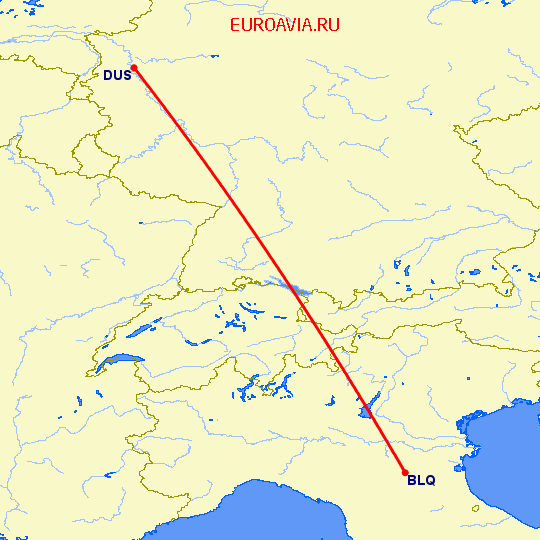 перелет Болонья — Дюссельдорф на карте