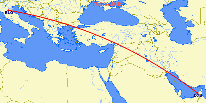 перелет Болонья — Дубай на карте
